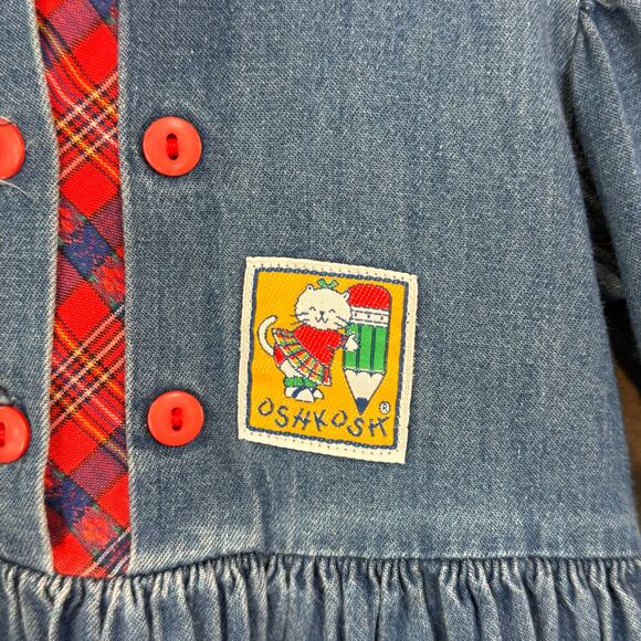 Vintage Oshkosh B'Gosh Denim Dress Size 3T Plaid School Cat Crayon Country - Picture 4 of 16